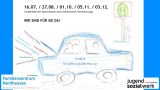 ALT-Text: Handgezeichnetes Plakat mit einem blauen Auto, in dem eine Familie sitzt. Auf dem Auto steht „Mobile Erziehungsberatung“. Im Hintergrund ist ein Haltestellenschild zu sehen. Oben stehen Termine und der Hinweis „Wir sind für Sie da!“. Unten links das Logo des Familienzentrums Nordhausen, unten rechts das Logo des Jugendsozialwerks. Rund um das Auto sind Begriffe wie „Elternberatung“, „Familienberatung“ und „Paarberatung“ geschrieben.