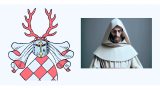 Grafikcollage: Links das historische Wappen der Grafen von Hohnstein (rot-silbern geschachtelt mit Helm und rotem Hirschgeweih als Zier), rechts daneben die künstlerische Darstellung eines Mönchs in weißer Kutte (Prämonstratenser) mit Kapuze, der den Blick gesenkt hält.