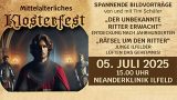 Plakat zum Mittelalterlichen Klosterfest in Ilfeld am 5. Juli 2025. Links im Bild ein junger Ritter mit Kettenhemd und rotem Umhang in einer mittelalterlichen Kulisse mit Kerzenlicht. Rechts der Veranstaltungshinweis: „Spannende Bildvorträge von und mit Tim Schäfer: ‚Der unbekannte Ritter erwacht‘ – Entdeckung nach Jahrhunderten und ‚Rätsel um den Ritter‘ – Junge Ilfelder lüften das Geheimnis!“ Darunter in großer Schrift: „05. Juli 2025 – 15.00 Uhr – Neanderklinik Ilfeld“.