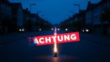 Realistisches Foto einer dämmerigen, nebligen Straße mit Häusern im Hintergrund und einem leicht qualmenden Gullydeckel oder Wasserrohr im Vordergrund, symbolisierend eine Störung der Wasserversorgung. Im unteren Bereich des Bildes ist eine rote Bauchbinde mit dem weißen Schriftzug "ACHTUNG" zu sehen. KI