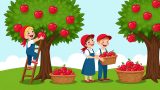 Drei fröhliche Kinder bei der Apfelernte auf einer Wiese: Ein Mädchen steht auf einer Leiter und pflückt rote Äpfel vom Baum, während ein Junge und ein weiteres Mädchen lachend einen großen Korb voller Äpfel halten. Neben ihnen stehen mehrere Körbe mit geernteten Äpfeln. KI