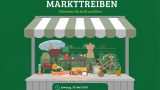 Grüner Flyer mit der Überschrift „Buntes Markttreiben" und dem Wappen der Gemeinde Harztor. Darunter der Untertitel „Flohmarkt für Groß und Klein". Eine Illustration zeigt einen Marktstand mit grün-weißer Markise, auf dem verschiedene Flohmarktartikel ausgestellt sind: Kleidung, eine Schneiderpuppe, eine Nähmaschine, ein Fahrrad, Koffer, Taschen, ein Sonnenschirm und Geschirr. Am unteren Rand stehen Datum (Samstag, 30. Mai 2026, ab 11 Uhr) und Anmeldefrist (bis 16.05.2026).
