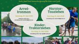 Grüner Flyer mit der Überschrift „Die Arreéfest-Wettkämpfe 2026". Drei ovale Textfelder zeigen die Wettkämpfe: Arreé-Ironman am 30. Mai, Harztor-Tauziehen und Kinder-Traktorziehen am 31. Mai. Am unteren Rand vier Fotos von früheren Wettkämpfen: Teilnehmer beim Tauziehen auf einer Wiese, ein Mann beim Reifenwuchten, Zuschauer am Festgelände und ein Teilnehmer, der einen großen Traktorreifen anhebt. Oben rechts das Wappen der Gemeinde Harztor.