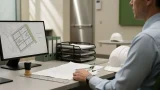 Symbolbild Bauverwaltung: über-Schulter-Blick auf Sachbearbeitung im Rathausbüro; Baupläne und abstrakte Zonenkarte am Monitor, Stempel, Lineal, Zirkel und weißer Schutzhelm auf dem Schreibtisch.