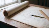 KI-Symbolbild (Bauleitplanung): Ein zusammengerollter Bauplan liegt aufgeschlagen auf einem Holztisch, daneben ein Stift und ein Lineal. Auf dem Plan sind Linien und Flächen einer Grundstücksplanung zu erkennen.