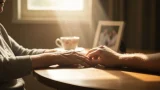 Ein einfühlsames Symbolbild zum Thema Demenz: Eine ältere Frau und ein jüngerer Mann sitzen an einem Holztisch, ihre Hände berühren sich zärtlich im warmen Sonnenlicht. Im Hintergrund stehen eine Teetasse und ein unscharfes Familienfoto – Sinnbild für Erinnerung, Nähe und Vergänglichkeit.