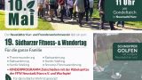 Veranstaltungsflyer zum 19. Südharzer Fitness- und Wandertag. Oben das Datum Sonntag, 10. Mai, und die Uhrzeit 11 Uhr am Gondelteich in Neustadt/Harz, daneben ein Foto einer Wandergruppe an einem Frühlingstag. Unten links die Programmpunkte: Themenwanderung, Radwanderung, Nordic Walking, Smoveys Fitnesswanderung sowie ein Kinderprogramm mit Zielschießen und Wurfspiel. Unten rechts ein Foto vom Schnuppergolfen mit dem Golfpark Neustadt/Harz. Dazu der Hinweis auf die Vitalitäts-Messung für Jung und Alt. Veranstalter ist der Neustädter Kur- und Fremdenverkehrsverein, mit Unterstützung der Kreissparkasse Nordhausen.