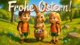 Fynn und Lara, die Harztor Wanderkinder, stehen mit einem fröhlichen Osterhasen auf einer blühenden Frühlingswiese. Der Osterhase hält einen Korb voller bunter Ostereier. Im Hintergrund sind Bäume, Wiese und verstreute Ostereier zu sehen. Über dem Motiv steht in großer Schrift: „Frohe Ostern!“