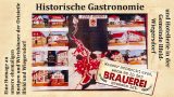 Collage mit historischen Aufnahmen ehemaliger Gaststätten und Hotels aus Ilfeld und Wiegersdorf. In der Mitte eine Karte der Region, darum gruppiert farbige Zeichnungen der Gebäude. Text: „Historische Gastronomie und Hotellerie in der Gemeinde Ilfeld-Wiegersdorf. Eine Hommage an unsere ehemaligen Kneipen und Wirtshäuser der Ortsteile Ilfeld und Wiegersdorf.“ Auf einem Blechschild unten rechts steht: „Wasser schmeckt erst, wenn es in der BRAUEREI gewesen ist."