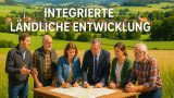 Sechs Personen – Männer und Frauen unterschiedlichen Alters – stehen an einem Holztisch auf einem Feld und betrachten gemeinsam eine große Landkarte. Im Hintergrund ist ein malerisches Dorf mit roten Dächern und Kirchturm zu sehen, eingebettet in eine grüne Hügellandschaft unter blauem Himmel. Groß im Bild steht der Schriftzug: „INTEGRIERTE LÄNDLICHE ENTWICKLUNG“. KI