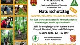 Plakat zum 28. Naturschutztag des Harzklub e.V. Links eine senkrechte Bilderleiste mit sechs Eindrücken: ein Aussichtsturm im Harz, ein Insektenhotel mit Kindern, zwei Schafe auf einer Wiese, drei Personen in fantasievollen Kostümen, eine Wandergruppe in einem Buchenwald und ein Feuersalamander. Rechts der Schriftzug „Seit 140 Jahren aktiv für den Naturschutz im Harz!" mit dem Logo des Harzklubs (Tannenbaum, gegründet 1886) und dem Wappen der Gemeinde Harztor. Eingeladen wird zum Naturschutztag Nr. 28 unter dem Motto „Naturschutz und Freizeit im Einklang" am 6. Juni 2026 von 12 bis 17 Uhr im Kurpark Neustadt/Harz. Hinweis auf den Sonderstempel der Harzer Wandernadel. Unten die Logos der Förderer Matthias Wagener, HEX und WINLAB.
