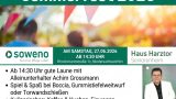 Plakat „Sommerfest 2026" auf grünem Banner mit bunten Wimpeln und Gästen im Hintergrund. Unten rechts ein Foto von Alleinunterhalter Achim Großmann im weißen Anzug. Dazwischen die Logos von soweno und Haus Harztor Seniorenheim. Termin und Adresse: Samstag, 27.06.2026 ab 14:30 Uhr, Rhodomannstraße 1c, Niedersachswerfen. Programm: Musik mit Achim Großmann, Boccia, Gummistiefelweitwurf, Torwandschießen, Kaffee und Kuchen, Eiswagen sowie Deftiges und Mediterranes vom Grill.