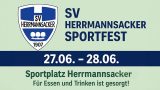Plakat zum Sportfest des SV Herrmannsacker am 27. und 28. Juni auf dem Sportplatz Herrmannsacker – mit Vereinslogo und dem Hinweis „Für Essen und Trinken ist gesorgt!“